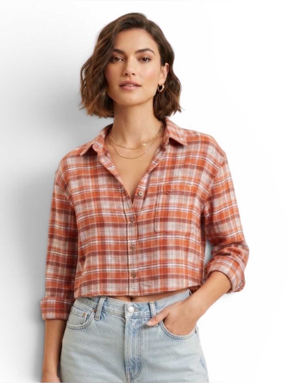 American Eagle Outfitters Orange Plaid Button Down Crop Top Blouse Size Medium